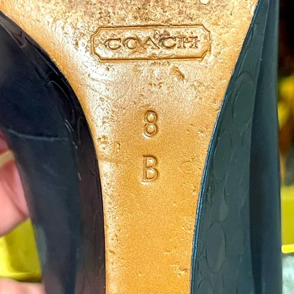 COACH Kellen 'C' Black Leather Embossed Signature Wedge Peep-Toe Pump - 8B