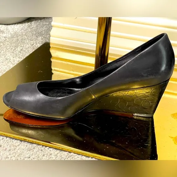 COACH Kellen 'C' Black Leather Embossed Signature Wedge Peep-Toe Pump - 8B