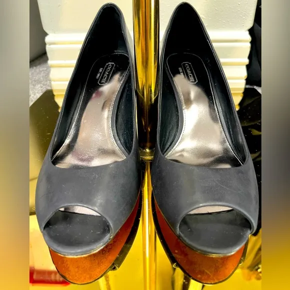 COACH Kellen 'C' Black Leather Embossed Signature Wedge Peep-Toe Pump - 8B