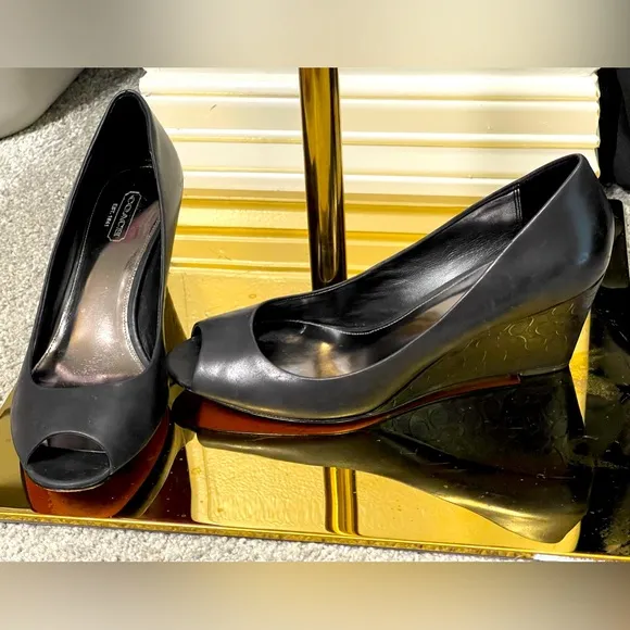 COACH Kellen 'C' Black Leather Embossed Signature Wedge Peep-Toe Pump - 8B