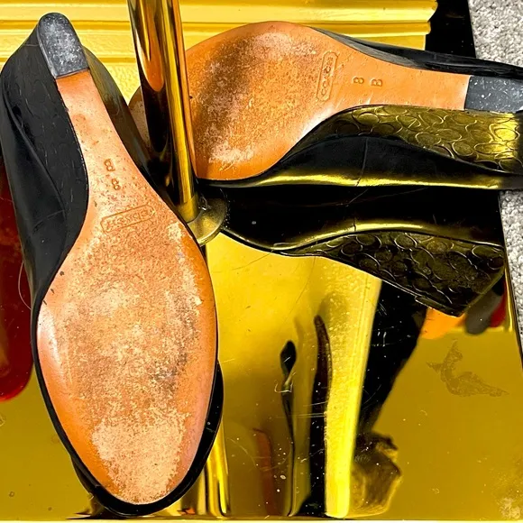 COACH Kellen 'C' Black Leather Embossed Signature Wedge Peep-Toe Pump - 8B