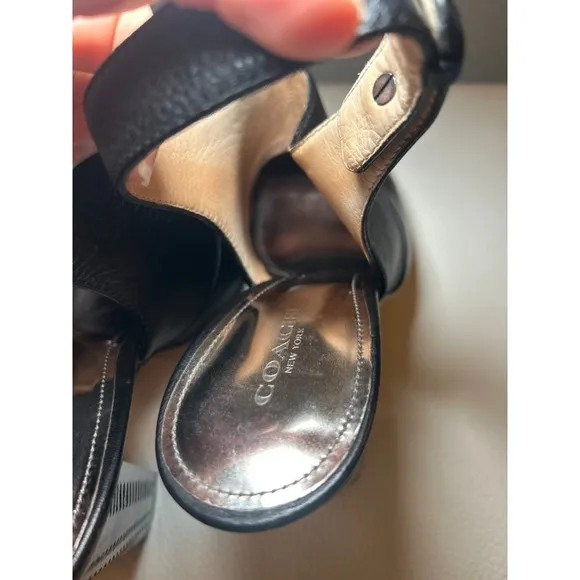 Coach Lillie High Mirrored Block Heel Peep Toe Sling Back Black Leather Shoes 8‎