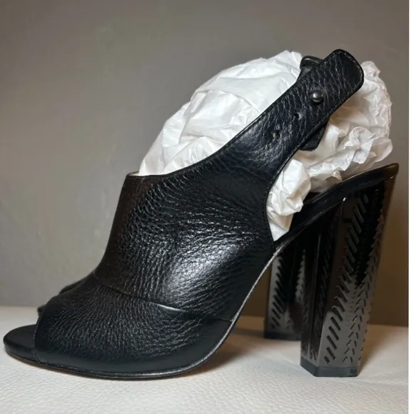 Coach Lillie High Mirrored Block Heel Peep Toe Sling Back Black Leather Shoes 8‎