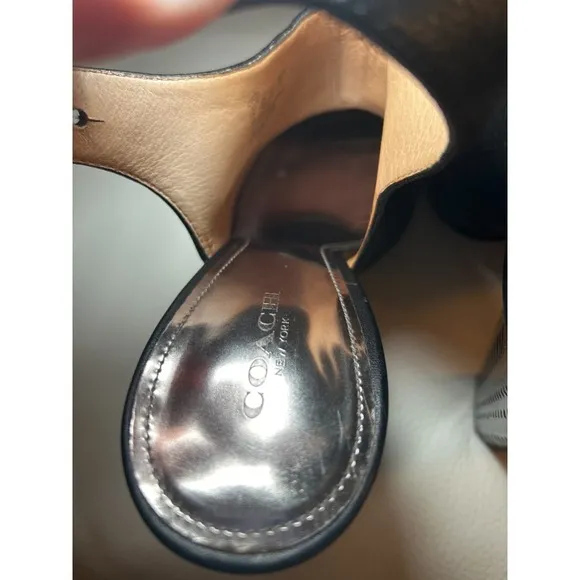 Coach Lillie High Mirrored Block Heel Peep Toe Sling Back Black Leather Shoes 8‎