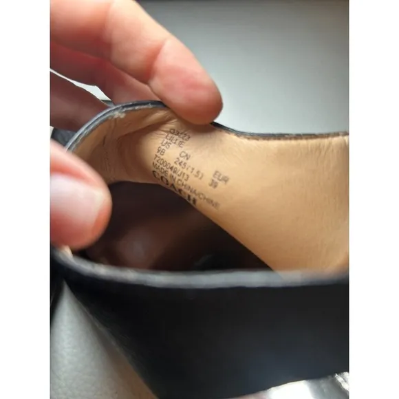 Coach Lillie High Mirrored Block Heel Peep Toe Sling Back Black Leather Shoes 8