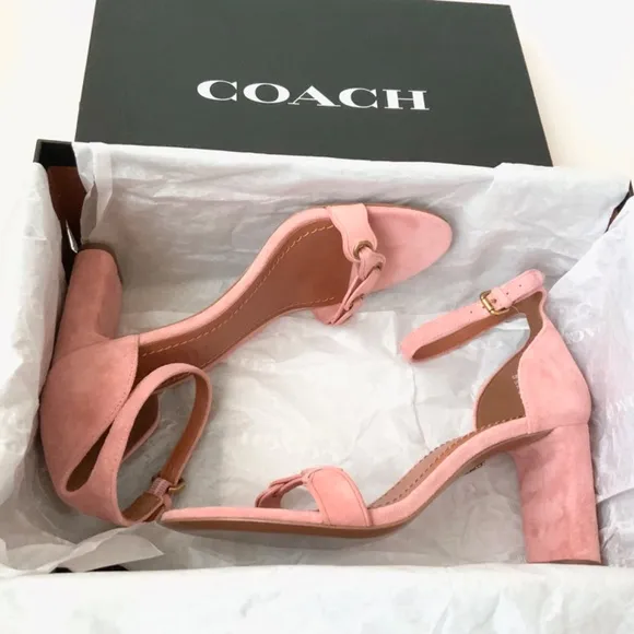 Coach Link Peony Pink Suede Ankle Strap Heel Sandal Block Heel Pump Dress Shoes