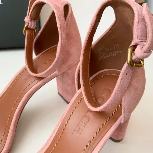 Coach Link Peony Pink Suede Ankle Strap Heel Sandal Block Heel Pump Dress Shoes