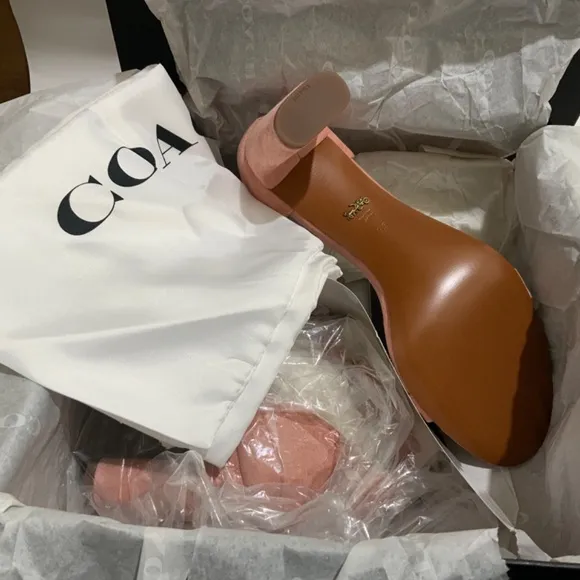 Coach Link Peony Pink Suede Ankle Strap Heel Sandal Block Heel Pump Dress Shoes