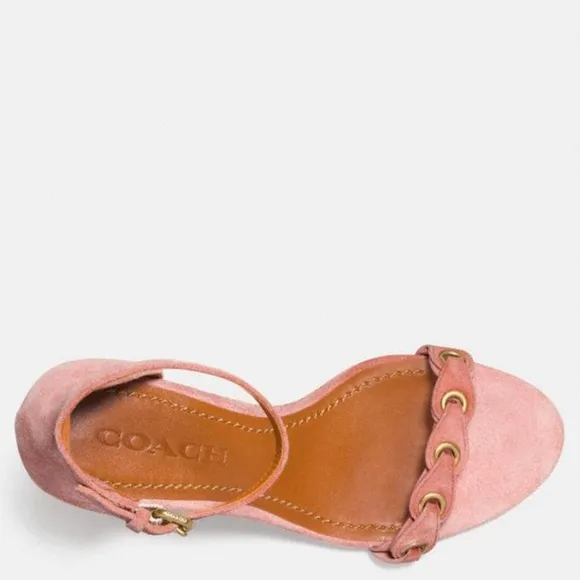 Coach Link Peony Pink Suede Ankle Strap Heel Sandal Block Heel Pump Dress Shoes