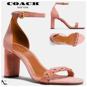 Coach Link Peony Pink Suede Ankle Strap Heel Sandal Block Heel Pump Dress Shoes