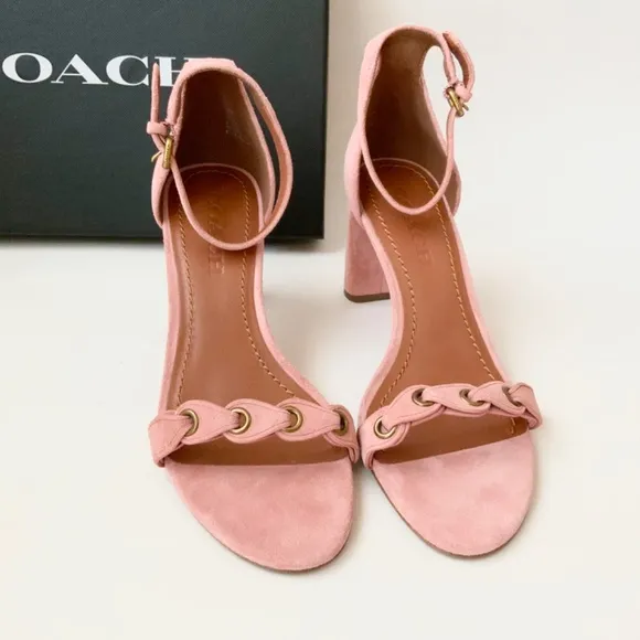 Coach Link Peony Pink Suede Ankle Strap Heel Sandal Block Heel Pump Dress Shoes