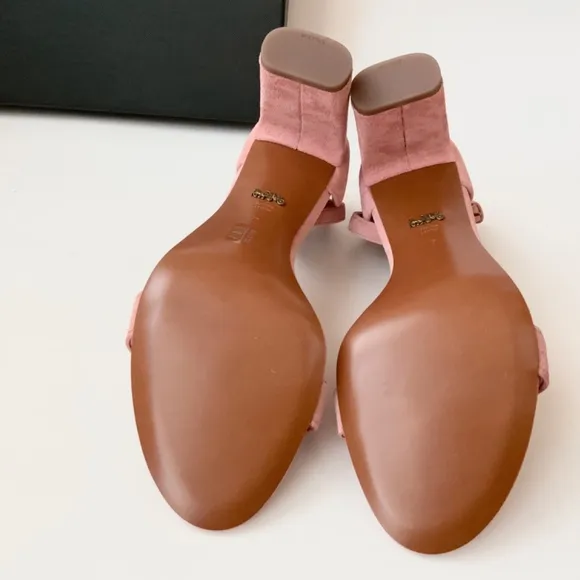 Coach Link Peony Pink Suede Ankle Strap Heel Sandal Block Heel Pump Dress Shoes