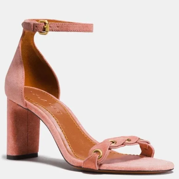Coach Link Peony Pink Suede Ankle Strap Heel Sandal Block Heel Pump Dress Shoes