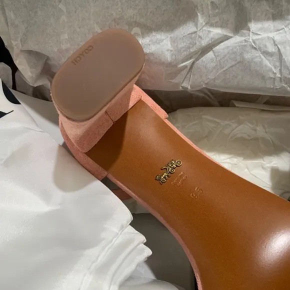 Coach Link Peony Pink Suede Ankle Strap Heel Sandal Block Heel Pump Dress Shoes