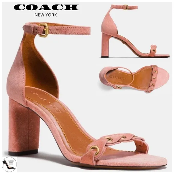 Coach Link Peony Pink Suede Ankle Strap Heel Sandal Block Heel Pump Dress Shoes