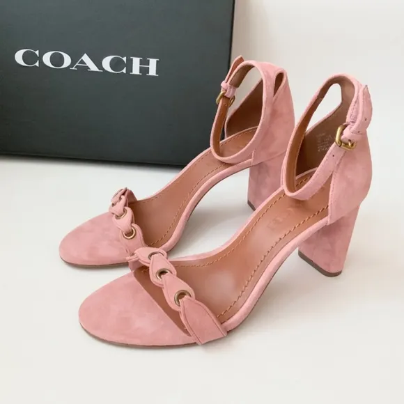 Coach Link Peony Pink Suede Ankle Strap Heel Sandal Block Heel Pump Dress Shoes