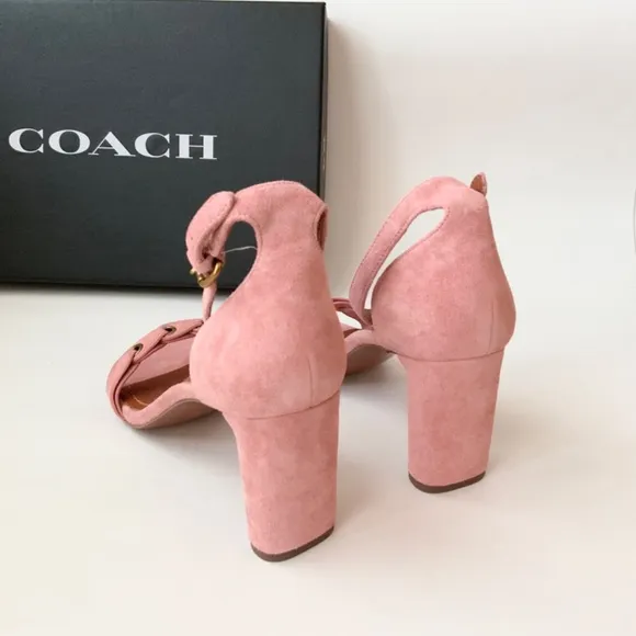 Coach Link Peony Pink Suede Ankle Strap Heel Sandal Block Heel Pump Dress Shoes