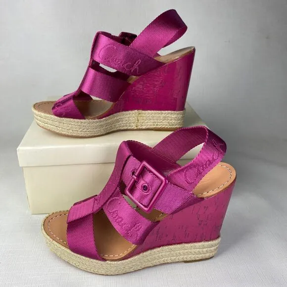 COACH Maryanne HOT BARBIE PINK Sandals! Espadrille Wedge Heels Fuchsia Sz 7