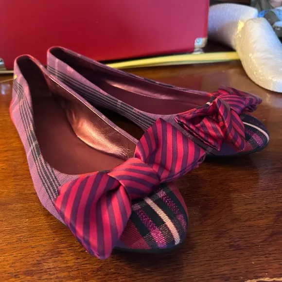 Coach Poppy Cambria Tartan Ballet Flats – Purple Multi with Striped Bow size 9