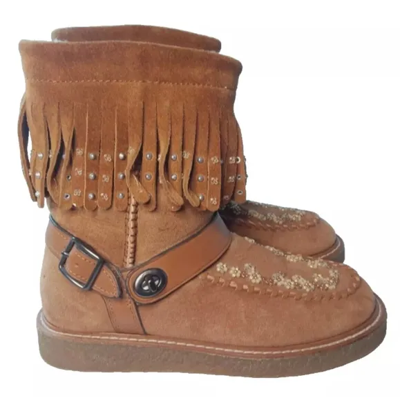 Coach Roccasin Shearling Boots Women's Size 6B Fringe~Studs Details G3161
