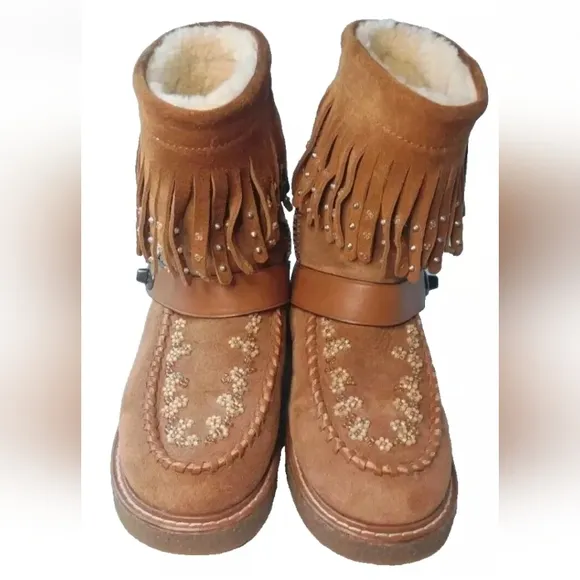 Coach Roccasin Shearling Boots Women's Size 6B Fringe~Studs Details G3161