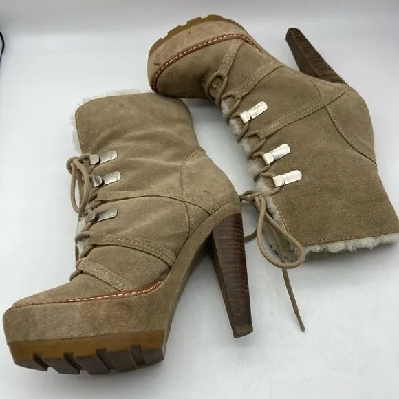 Coach Sydney Platform Heels Suede Boots Shearling Lined Size 5,5B