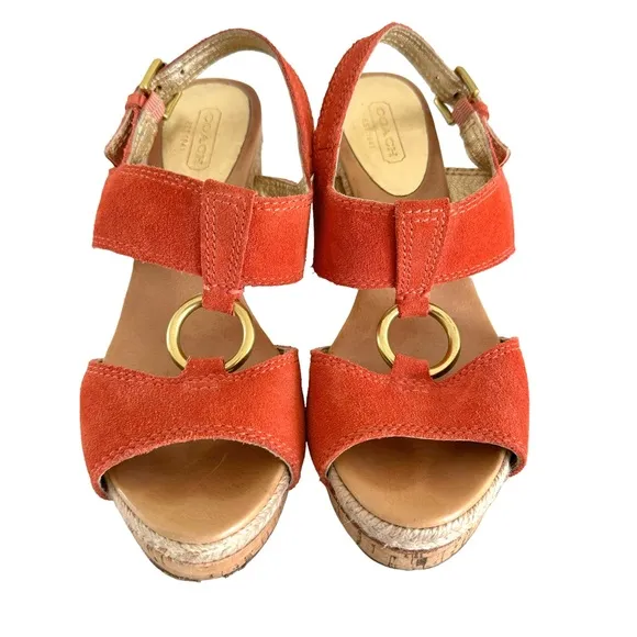 Coach Valeann Coral Suede Leather Cork Platform Sandals Women’s Size 6.5