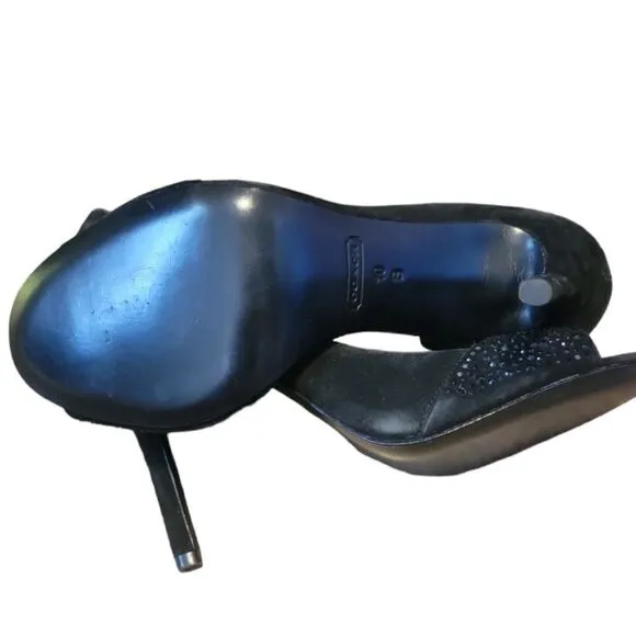Coach Women’s Black Suede Heels Stilettos Peep Toe Black Rhinestones Sparkle 10