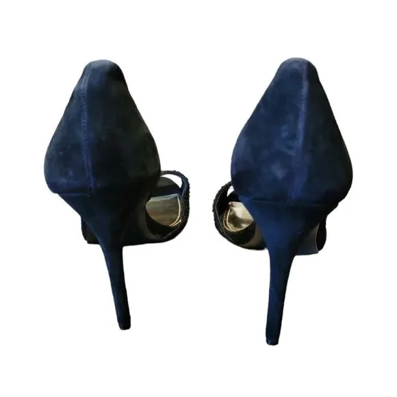 Coach Women’s Black Suede Heels Stilettos Peep Toe Black Rhinestones Sparkle 10