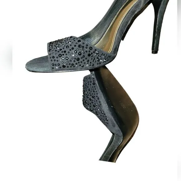 Coach Women’s Black Suede Heels Stilettos Peep Toe Black Rhinestones Sparkle 10