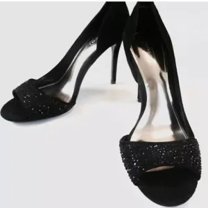 Coach Women’s Black Suede Heels Stilettos Peep Toe Black Rhinestones Sparkle 10