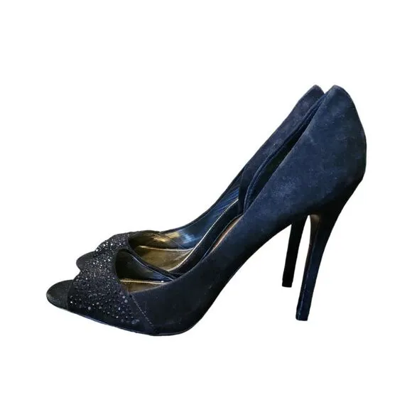 Coach Women’s Black Suede Heels Stilettos Peep Toe Black Rhinestones Sparkle 10