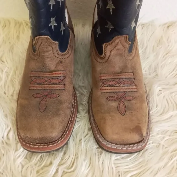 CODY JAMES Leather Western USA Flag Boots Red White Blue Square Toe Child SZ 1 D