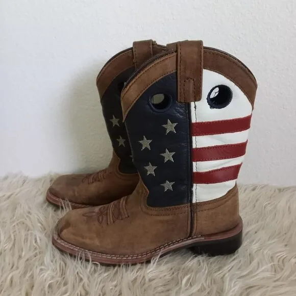 CODY JAMES Leather Western USA Flag Boots Red White Blue Square Toe Child SZ 1 D