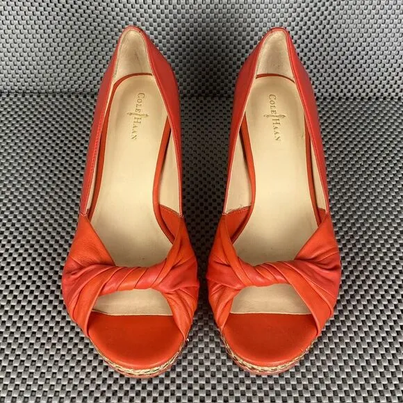 Cole Haan Ava Wedge Sandals Womens Size 8B Orange Espadrille Open Toe