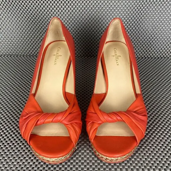 Cole Haan Ava Wedge Sandals Womens Size 8B Orange Espadrille Open Toe