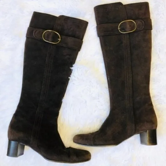 cole haan Heeled Boots 5.5 Women Oriana Suede Chocolate Brown Luxury Luxe Buckle