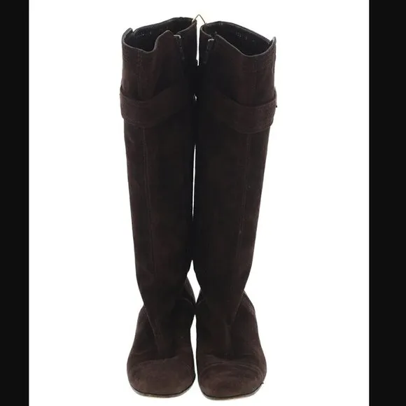 cole haan Heeled Boots 5.5 Women Oriana Suede Chocolate Brown Luxury Luxe Buckle