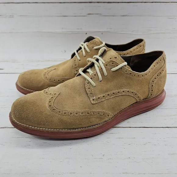 Cole Haan LunarGrand Wingtip Oxford Mens 11.5M Tan Red Suede Dress Shoes C10228