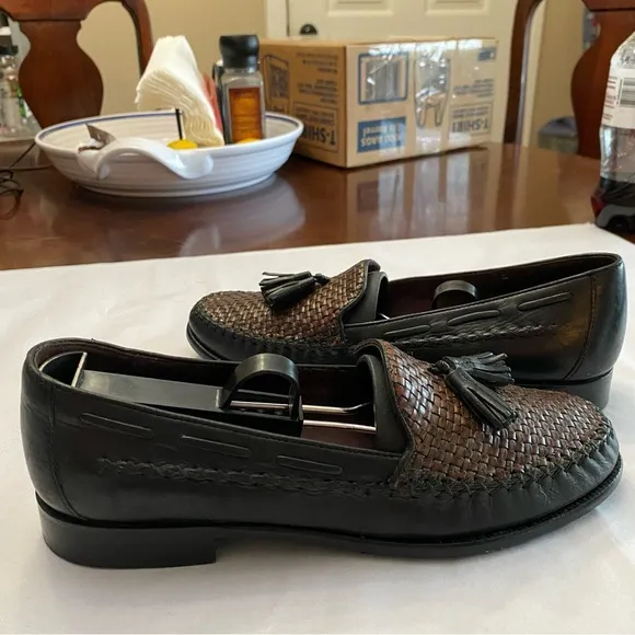 Cole Haan Vintage Genuine Leather Brown &amp; Black Basket Weave Tassel Loafer Sz 8