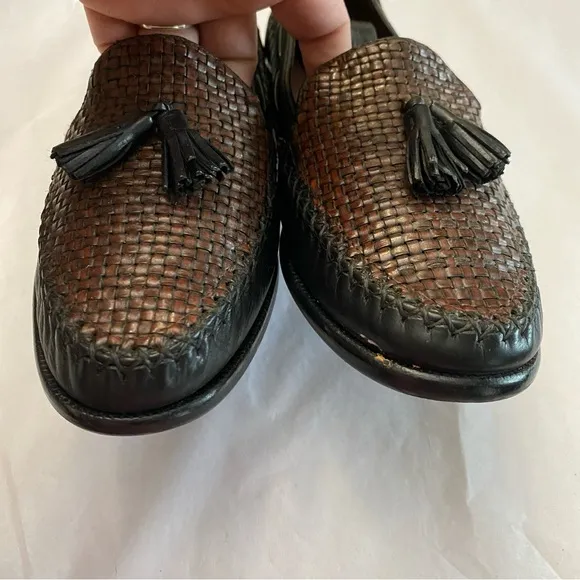 Cole Haan Vintage Genuine Leather Brown &amp; Black Basket Weave Tassel Loafer Sz 8