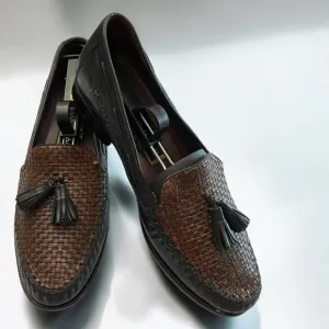 Cole Haan Vintage Genuine Leather Brown &amp; Black Basket Weave Tassel Loafer Sz 8