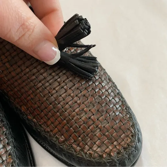 Cole Haan Vintage Genuine Leather Brown &amp; Black Basket Weave Tassel Loafer Sz 8