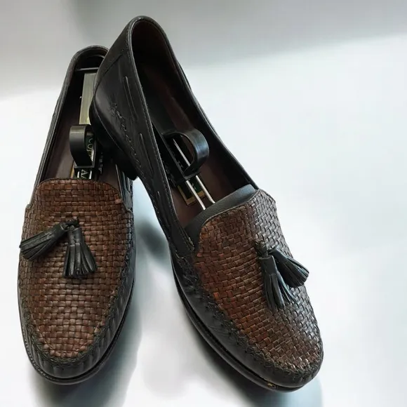 Cole Haan Vintage Genuine Leather Brown &amp; Black Basket Weave Tassel Loafer Sz 8