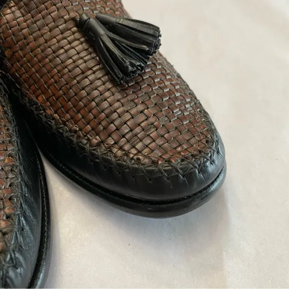 Cole Haan Vintage Genuine Leather Brown &amp; Black Basket Weave Tassel Loafer Sz 8