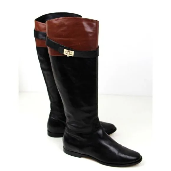 Cole Haan BLACK BROWN GENUINE LEATHER LOW HEEL ZIP SIDE TALL BOOTS Sz 7B