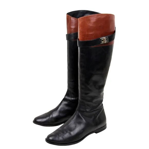 Cole Haan BLACK BROWN GENUINE LEATHER LOW HEEL ZIP SIDE TALL BOOTS Sz 7B