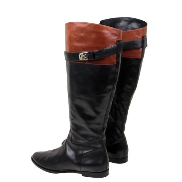 Cole Haan BLACK BROWN GENUINE LEATHER LOW HEEL ZIP SIDE TALL BOOTS Sz 7B