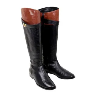 Cole Haan BLACK BROWN GENUINE LEATHER LOW HEEL ZIP SIDE TALL BOOTS Sz 7B