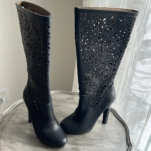 Colin Stuart leather Black Cutout Knee-High tall platform heeled Boots size 7